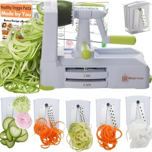 Brieftons 5-Blade Vegetable Spiralizer: Strongest-Heaviest Spiral Slicer. Best Veggie Pasta Spaghetti Maker for Low Carb/Paleo/Gluten-Free/Vegan Meals. with Extra Blade Caddy. 4 Recipe Ebooks